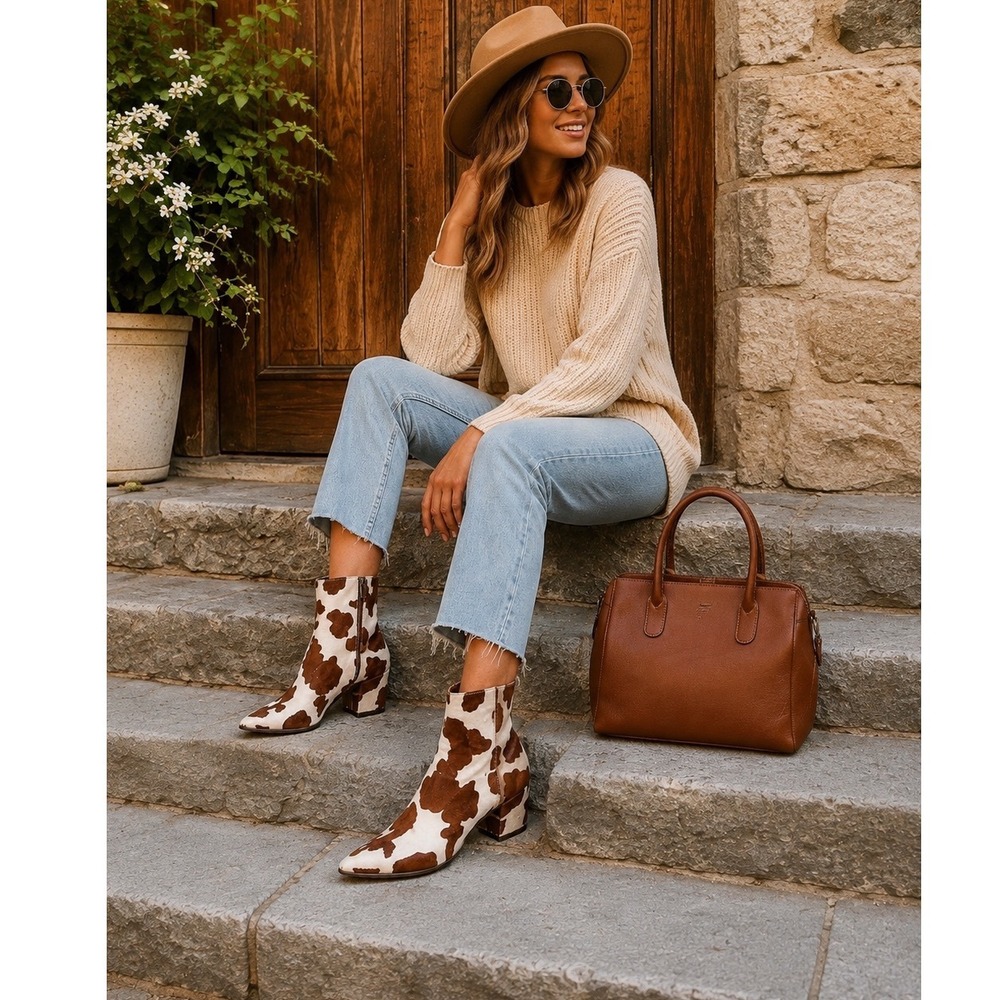 Western Boho Chic Cow Print Calf Hair Pointed Toe Block Heel Booties Boots Sz 8M